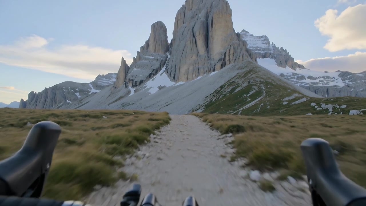 Pedaling gloved gravel rider moving forward along alpine trail toward rocky peak with drop bars