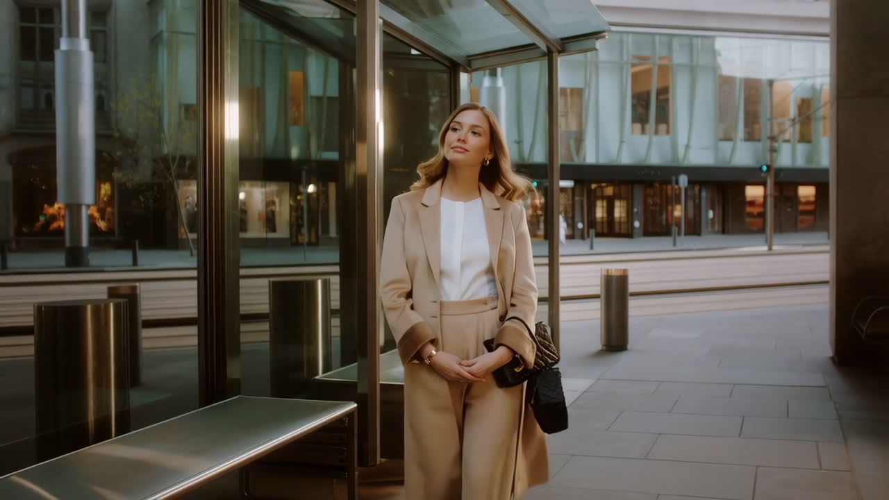 Elegant Woman Waiting at a Modern City Bus Stop