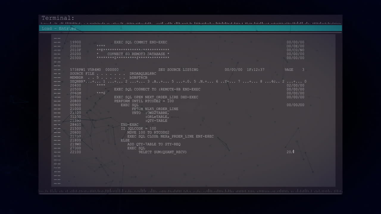 animacja sieci komunikacyjnej i przetwarzania danych tekstowych na ciemnym ekranie interfejsu