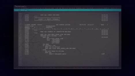 animación de la red de comunicación y el procesamiento de datos de texto en la pantalla de interfaz oscura