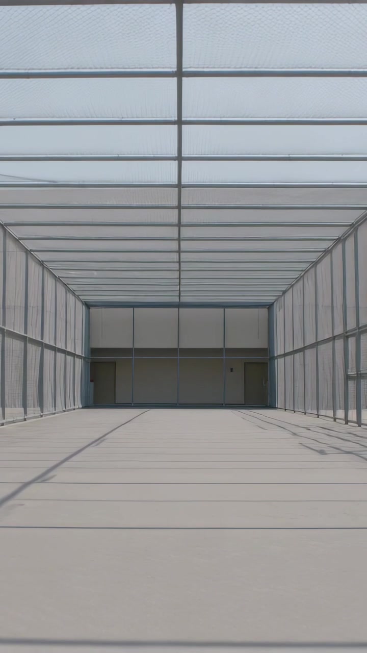 Video vertical: Luz cambiante proyectando líneas de sombra a través de un pasaje cubierto bajo vigas de techo en forma de rejilla.