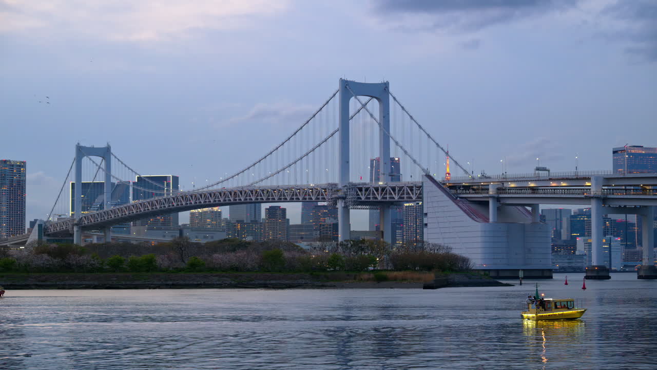 View of the Rainbow Bridge and the skyline of the Tokyo, Japan in the evening