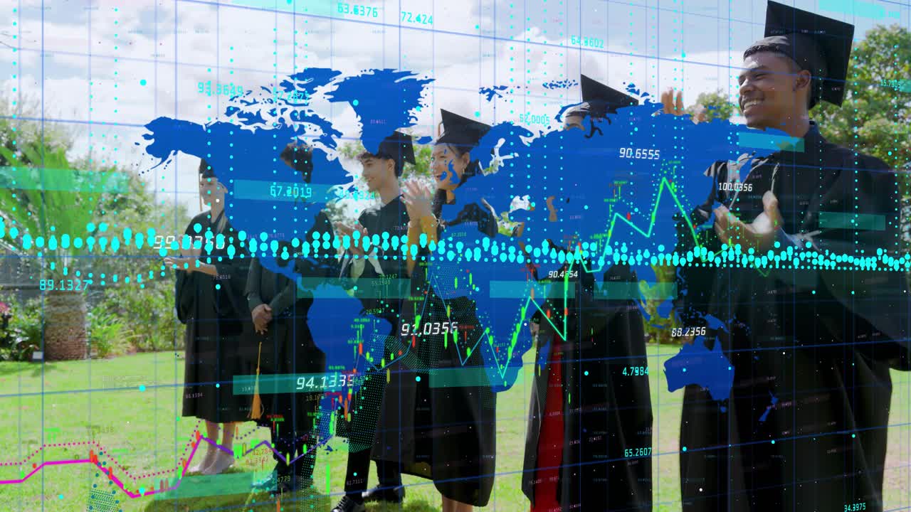 Graduates standing on lawn reacting to peer pointing, clapping and smiling with moving data graphs