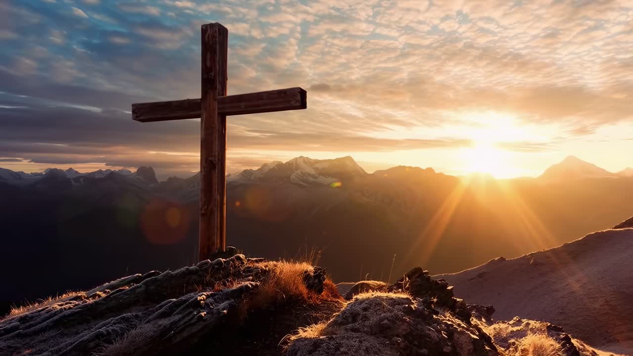 Nascer do sol atrás de uma cruz na montanha, capturado em uma tomada de grande angular, perfeito para um vídeo sereno.