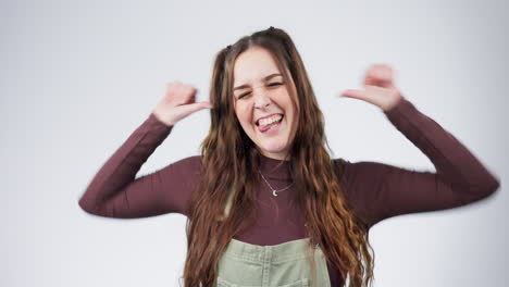 gracioso, rostro y retrato de mujer con humor