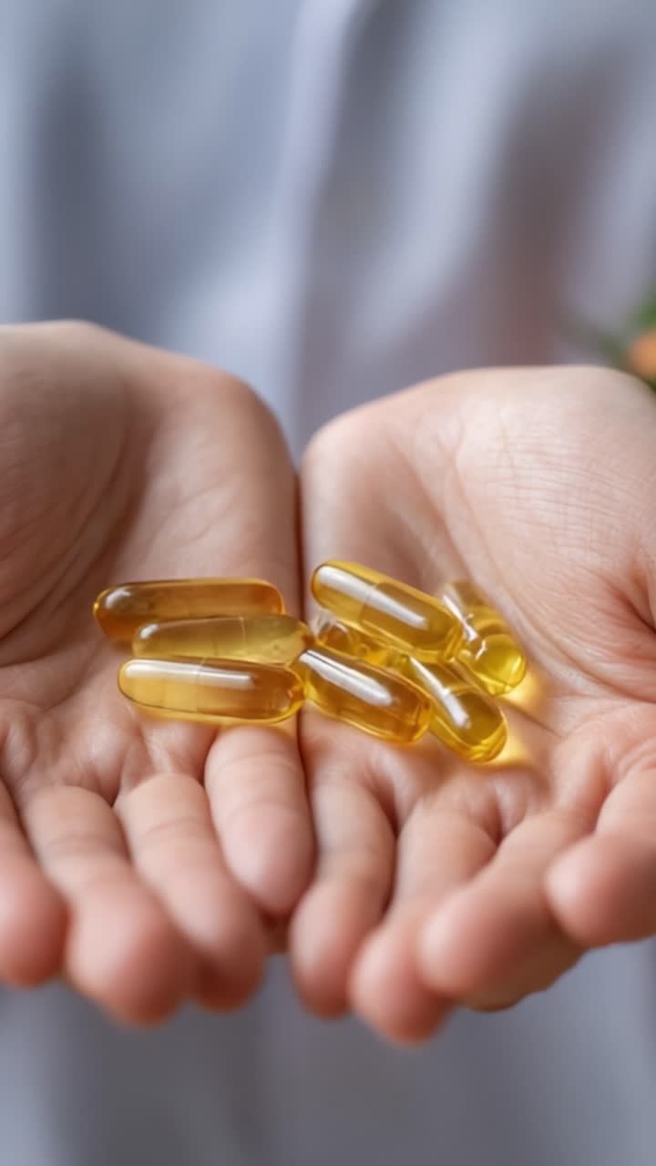 A Close-Up View of Hands Holding Gelatin Capsules Featuring a Bright Golden Hue, Showcasing the Viability and Therapeutic Benefits of Supplements for Health