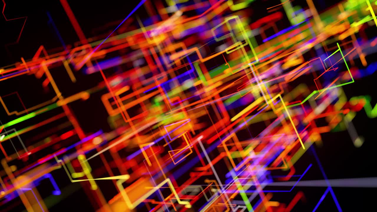 gráficos de movimiento, ciencia ficción bg con flujo de líneas de brillo de neón multicolor forman espacio digital 3d. concepto de conexión. visualización de la operación de la red neuronal, múltiples cálculos de varias ramas. 4k