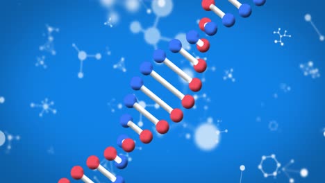 Animation-Des-Spinnens-Von-DNA-Strängen-Und-Molekülen-Auf-Blauem-Hintergrund