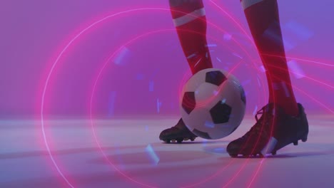 Animation-of-neon-pattern-over-african-american-footballer-kicking-ball