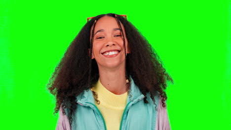 Woman,-face-and-comic-laughing-by-green-screen