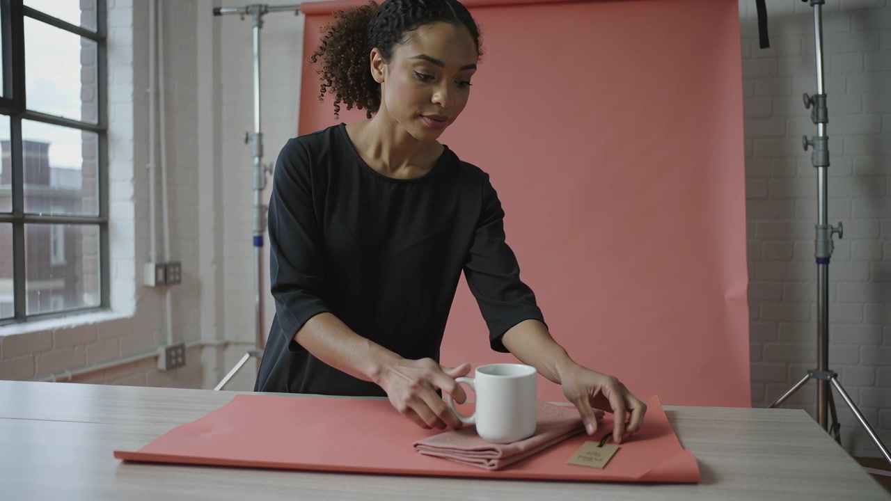 Placing white mug woman in black top smoothing cloth centering mug positioning tag for studio shoot