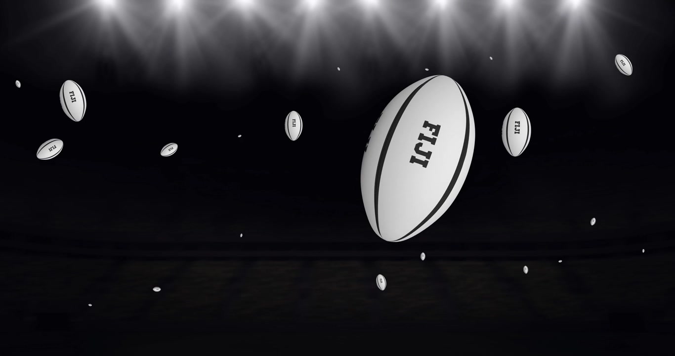 Animation of white rugby balls with fiji text at stadium