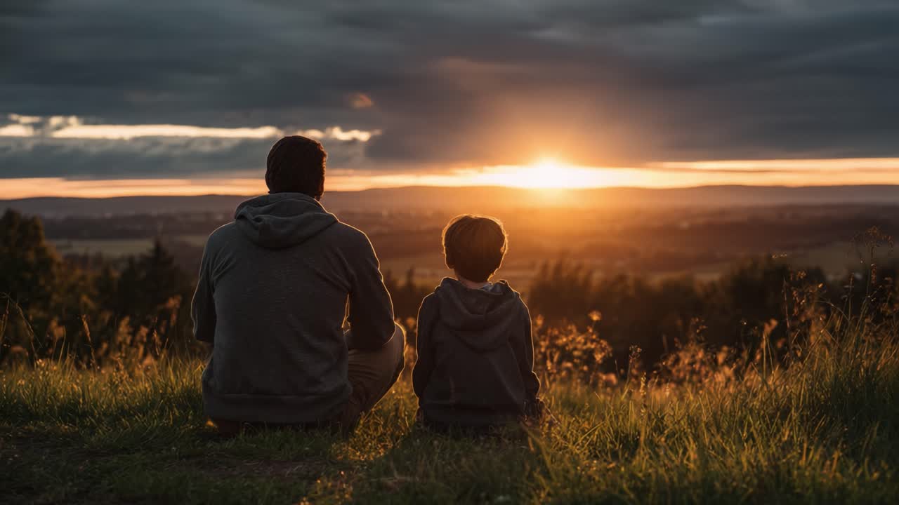 A Heartwarming Sunset View of a Father and Son Sitting Together, Cherishing Special Moments of Connection and Tranquility Amidst Nature's Beauty