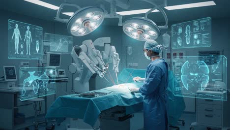 advanced surgical procedure utilizing robotic assistance and high-tech imaging in a modern operating room setting