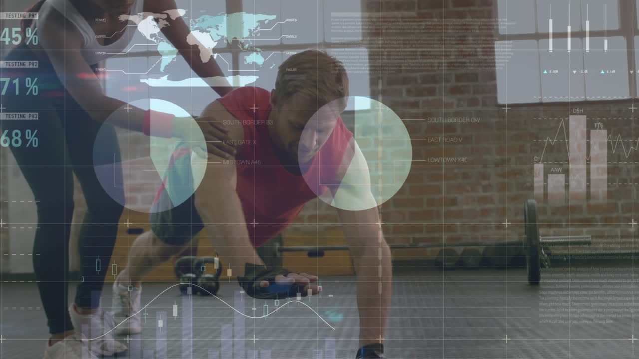 animación del procesamiento de datos financieros sobre una pareja caucásica haciendo ejercicio en el gimnasio