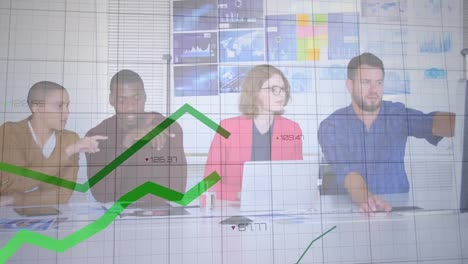 animation of green lines and financial data processing over diverse business people in office