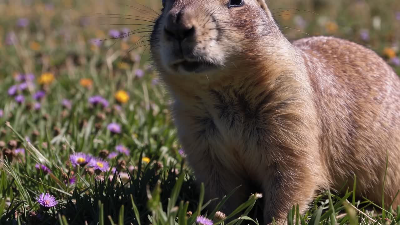 Wide-angle video still of a prairie dog in a vast, grassy landscape with wildflowers