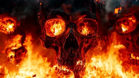 three skulls in flames on a black background