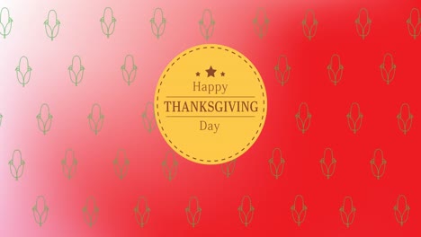 Happy-thanksgiving-day-text-on-round-yellow-banner-against-corn-crop-icons-in-seamless-pattern