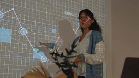 maestra dando lecciones de matemáticas o ciencias en la escuela de pie en la parte delantera de la clase con la proyección del gráfico 2