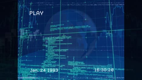 Animation-of-interference-over-data-processing-and-globe-on-blue-background