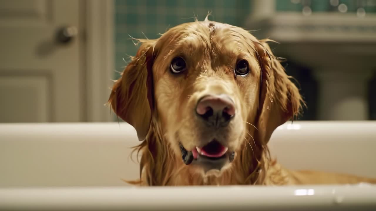 A Playful Golden Retriever Enjoys a Refreshing Bath, Showcasing Its Joyful Expression and Wet Fur in a Cozy Bathroom Setting