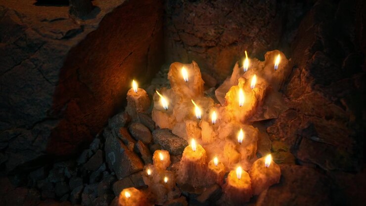 Warm flicker of candles illuminating a hidden cave space