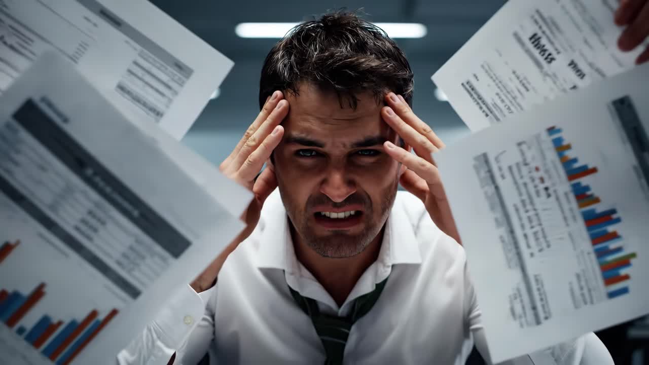 Stressed Businessman Overwhelmed with Paperwork in Office