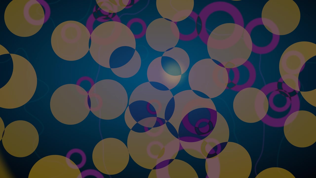 Un arrière-plan abstrait dynamique avec des cercles dorés et des anneaux magenta qui se chevauchent sur un dégradé de bleu, créant une animation en boucle moderne et énergique.