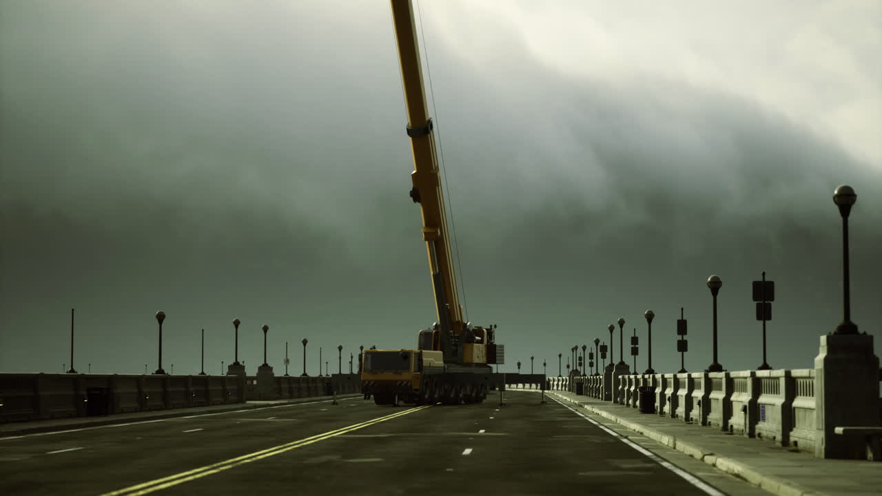 Gru pesante si erge su un ponte vuoto sotto nuvole minacciose
