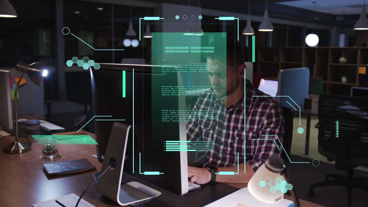 Tech developer reviewing monitor content, typing, holding phone while HUD overlaying face in office