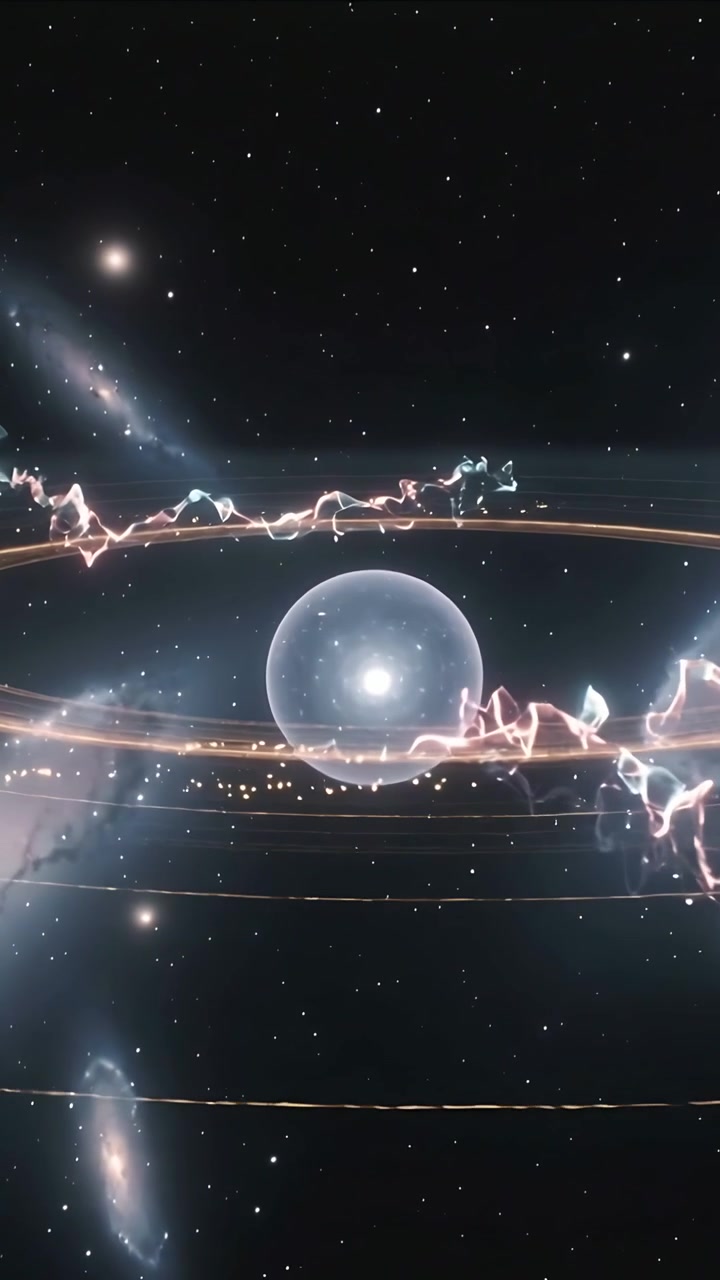 Vertical video: Pulsing lit sphere receiving filament coming from gold ring with ribbons in space