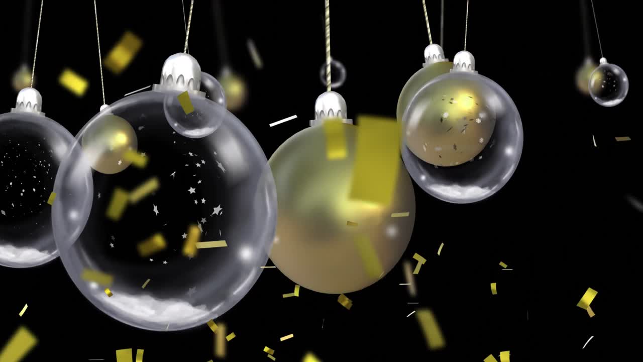 Animazione di palline di Natale che pendono sopra coriandoli che cadono su sfondo nero.