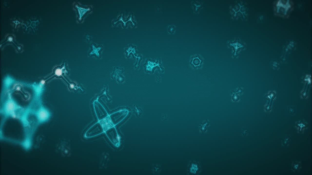 Animation of multiple 3d glowing turquoise molecules moving and spinning