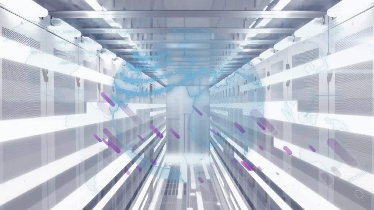 컴퓨터 서버를 통해 지구와 보라색 빛의 트레일의 애니메이션