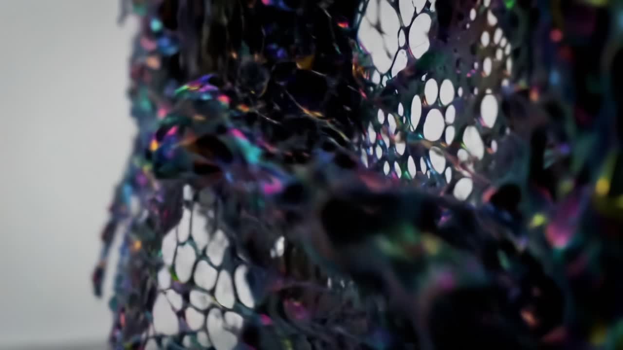 Close-Up Exploration of Iridescent Organic Structures in Motion, Showcasing Colorful Patterns and Textures of a Unique Material Composition