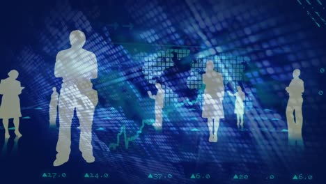 siluetas de personas de pie en un fondo digital azul con datos y un mapa del mundo