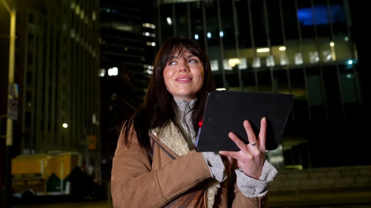 Young Woman Using Tablet and Looking Around City at Night