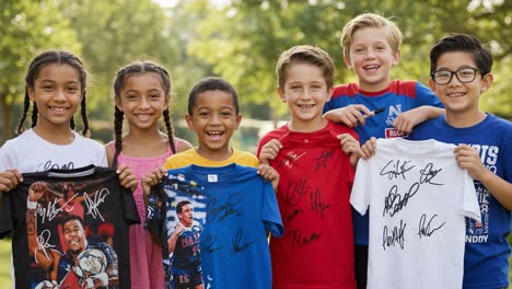 a joyful gathering of young fans proudly displaying their autographed t-shirts from a celebrated icon, capturing the spirit of youth and excitement