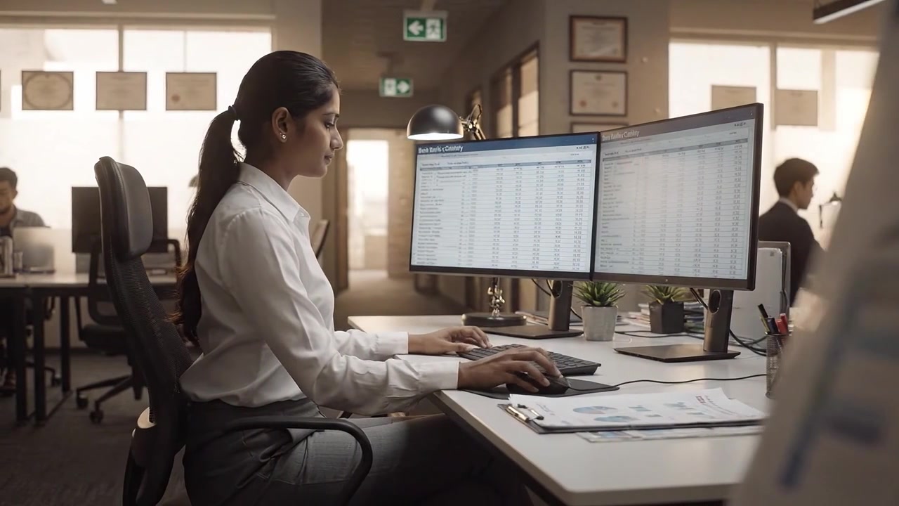 Profesional Bisnis yang Fokus Menganalisis Data di Dua Monitor dalam Lingkungan Kantor Modern, Menyoroti Produktivitas dan Kolaborasi Antar Rekan Kerja