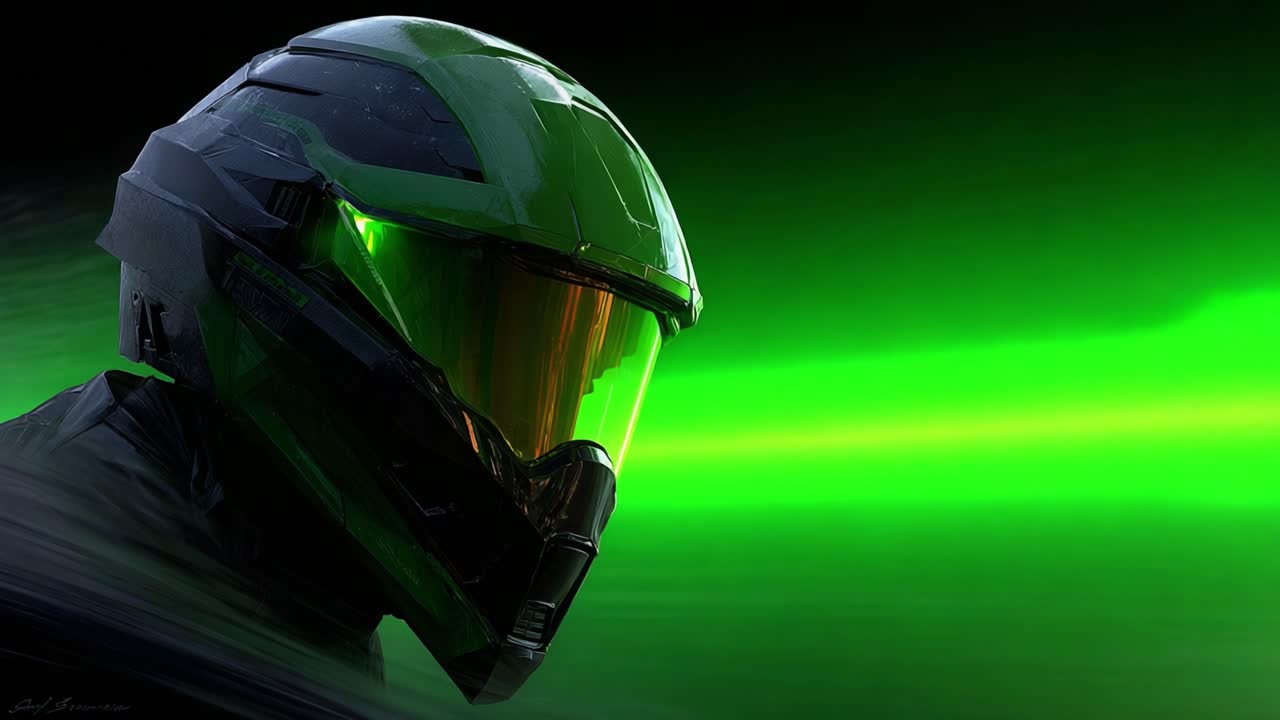 A Futuristic Green Helmeted Character Stands Against a Dynamic Background, Highlighting Technology and Adventure Through Vivid Motion Graphics