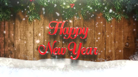 Frohes-Neues-Jahr-Text-Mit-Weißen-Schneeflocken-Und-Holz-Hintergrund