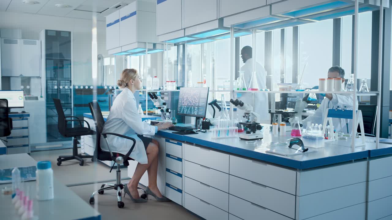 Medical Science Laboratory with Diverse Team of Biochemistry Scientists Developing Drugs, Female Microbiologist Working on Computer with Display Showing Gene Editing Interface. Zoom in Shot