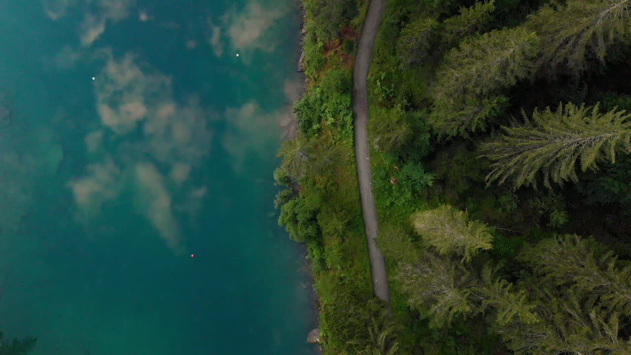 vista de arriba hacia abajo de los exuberantes pinos junto al tranquilo lago caumasee con reflejos de cielo azul brillante y nubes blancas en suiza - drone aéreo