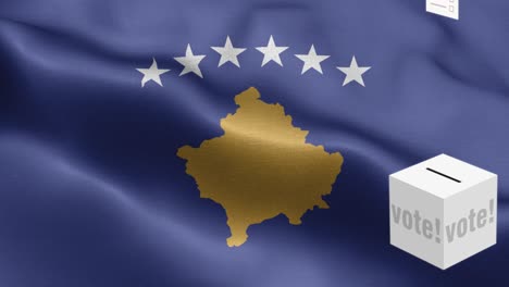 las papeletas de votación vuelan a la caja para la selección de kosovo - caja de votación frente a la bandera - elección - voto - bandera de kosovo - bandera de kosova alto detalle - bandera nacional patrón de ondas de kosovo elementos en bucle - textura de tela y bucle sin fin