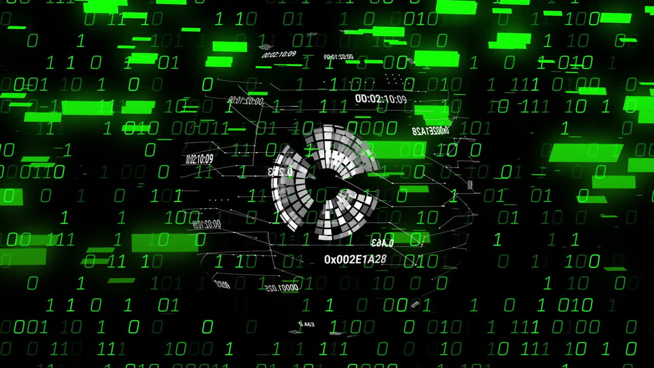 Digital binary code and data processing animation with green and black theme