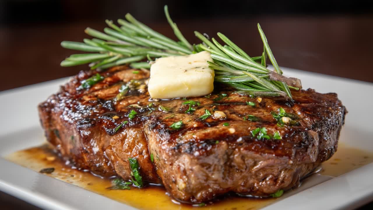 Succulent Grilled Steak with Aromatic Herbs and Butter Enhancing Flavorful Juices for Gourmet Dining Experience