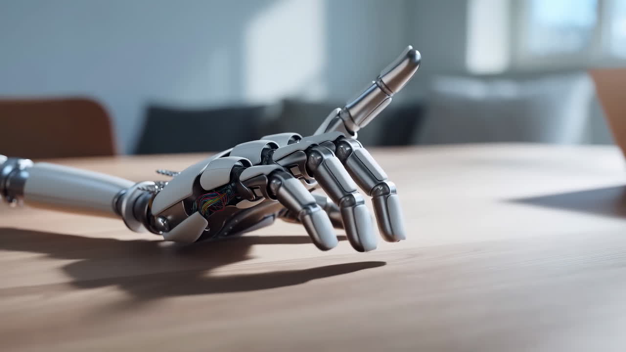 Sleek Chrome Robot Hand On Desk, Gentle Finger Motion Explores Grain And Light, Sunlight From Window Casts