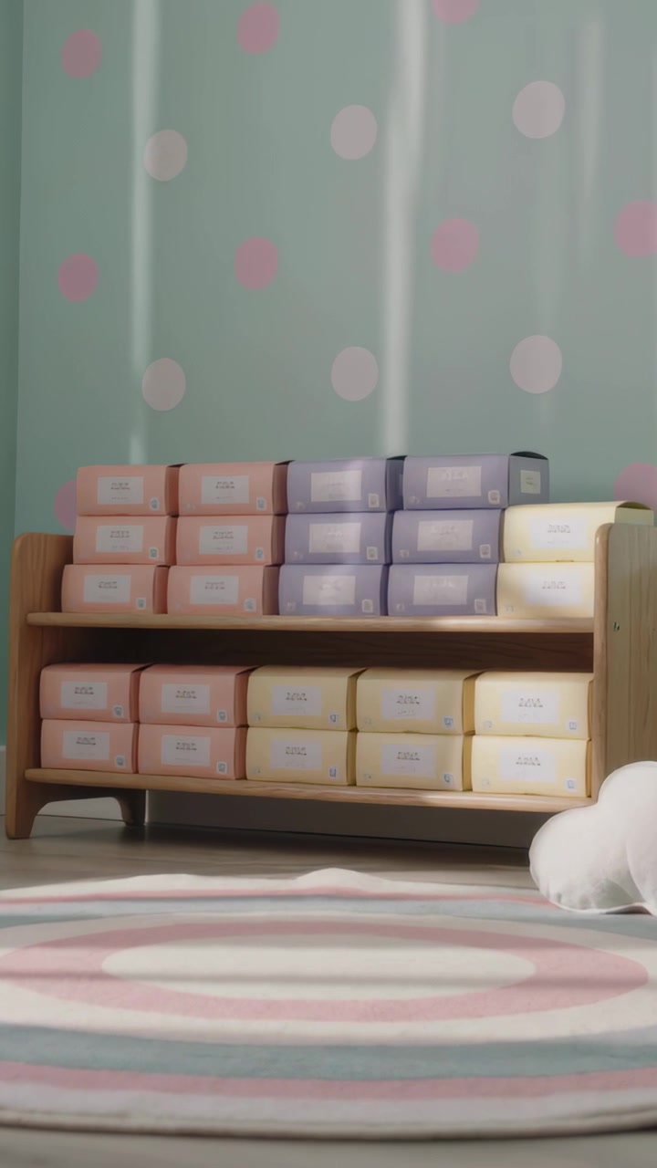 Vertical video: Panning camera revealing low wooden shelf with pastel boxes at nursery for display