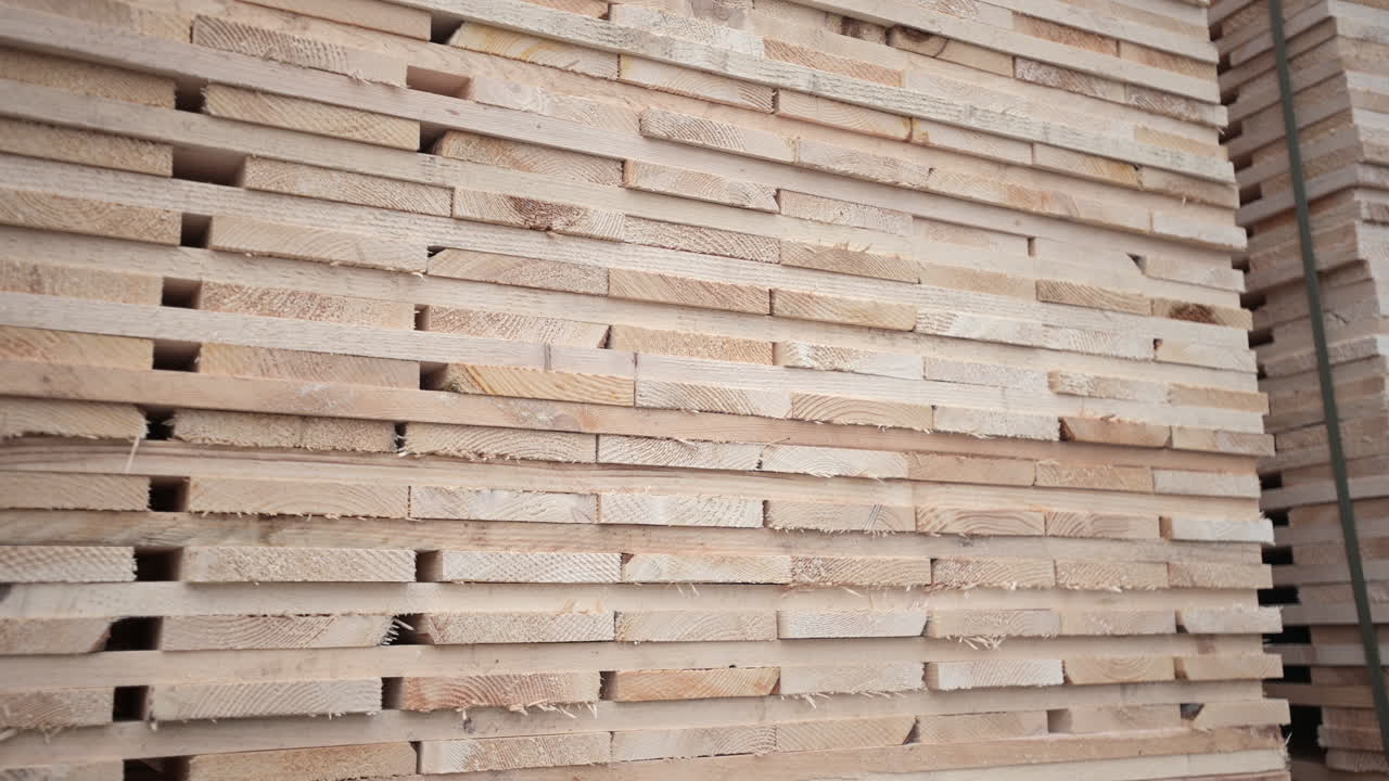 Primo piano di molte assi di legno impilate in un magazzino o in un cantiere. Tavole di legno naturale preparate per l'edilizia e l'industria della carpenteria. Falegnameria industriale e materiale legnoso.